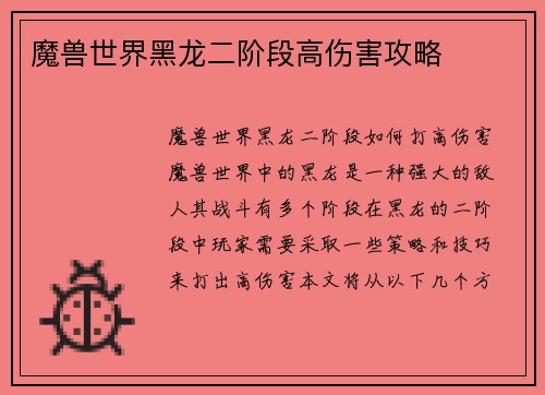魔兽世界黑龙二阶段高伤害攻略