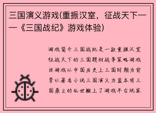 三国演义游戏(重振汉室，征战天下——《三国战纪》游戏体验)